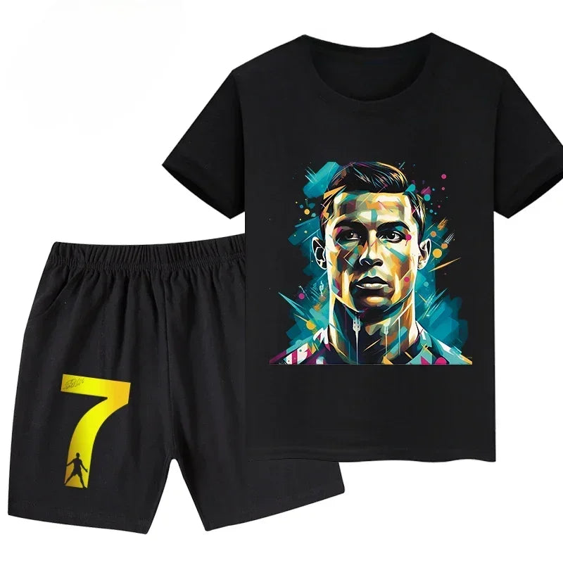 Summer Ronaldo Printed Children's Set Short-sleeved Shorts Suit Sports Kid T-shirt 2-piece Set Street Fashion Boys Baby Clothing