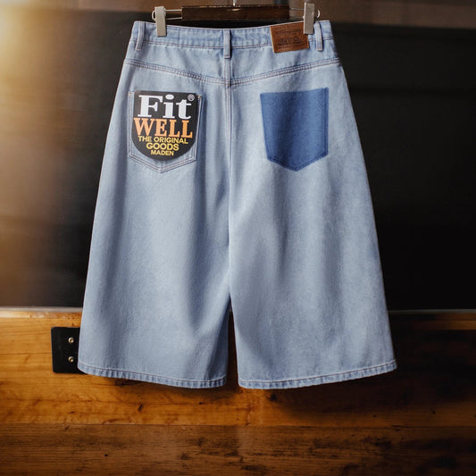 Men's American Retro Ice Blue Washed Denim Shorts Straight A Line Seven Inch Pants Vintage Workwear Loose Summer Trousers