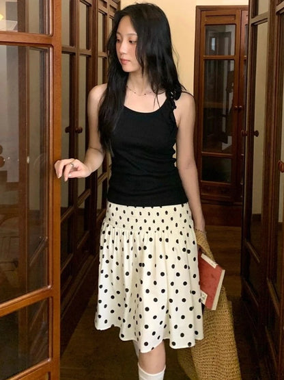 Deeptown Korean Style Polka Dot Skirts Women Sweet Elegant Y2k Ruffle Skirts Vintage Summer Femal A-line Mid Skirts Aesthetics