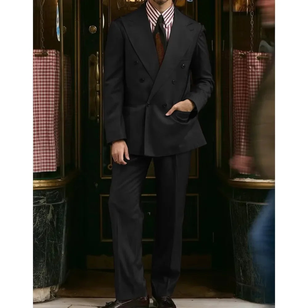 Men's Khaki Suit 2 Piece Set Double Breasted Peak Lapel Blazer Straight Leg Pants Fashion Formal Outfit Business Casual Wedding