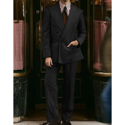 Men's Khaki Suit 2 Piece Set Double Breasted Peak Lapel Blazer Straight Leg Pants Fashion Formal Outfit Business Casual Wedding