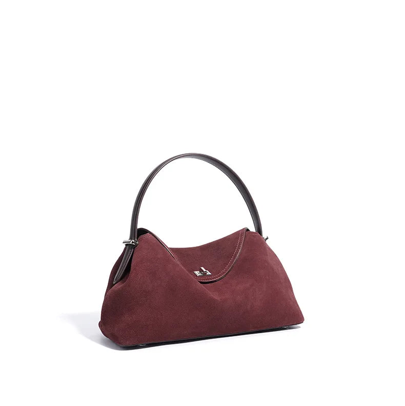 2026 Autumn Winter All-match Bowling Tote All-match Matte Suede Cowhide Leather Women Shoulder Bag Coffee Purple Noble Handbag