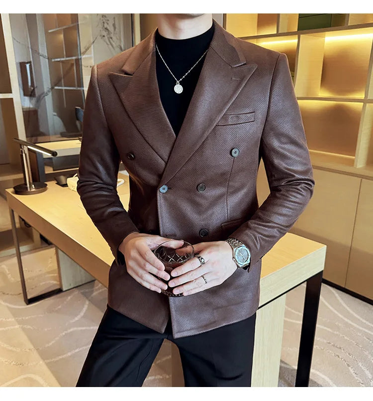 High Quality Men Double Breasted Blazer Suede Gilded Twill Slim Fit Business Social Formal Suit Jacket Tailcoats Men Clothes