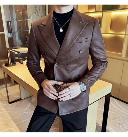 High Quality Men Double Breasted Blazer Suede Gilded Twill Slim Fit Business Social Formal Suit Jacket Tailcoats Men Clothes