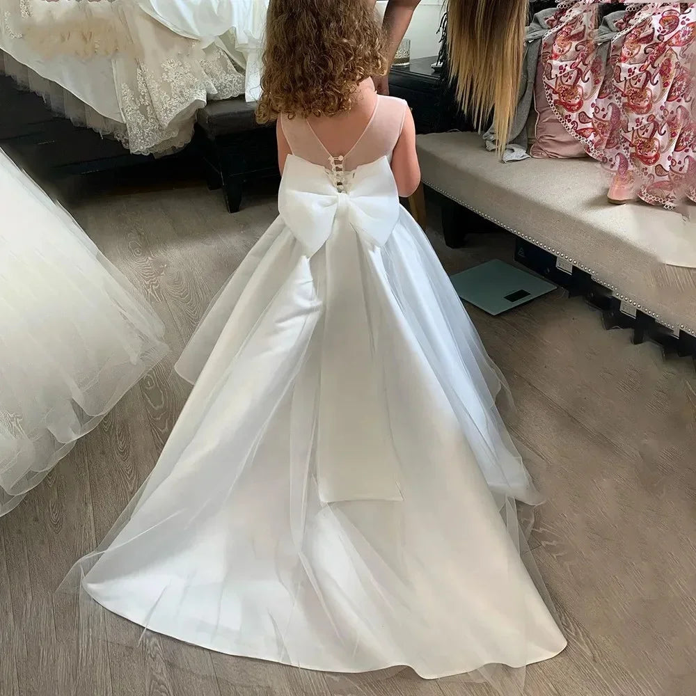 Simple White Flower Girl Dress A-Line O-Neck Floor Length Sleeveless Bow Kids Lovely Birthday First Communion Wedding Gowns 2025