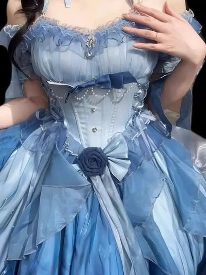 Original Lolita Trailing Puffy Dress Women Short Front Long Back Princess Blue Flower Wedding Dress Elegant Off Shoulder