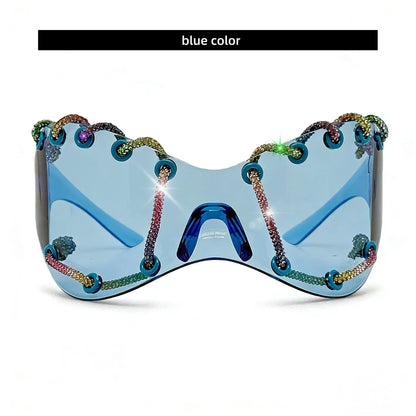 Women's Exaggerated Oversized One-Piece Rhinestone Chain Sunglasses Y2K Retro Futuristic Fashion Silver Goggles Shades for Party