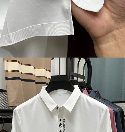High quality silk breathable short sleeve POLO shirt men's lapel top 2024 summer new light luxury brand printed casual T-shirt