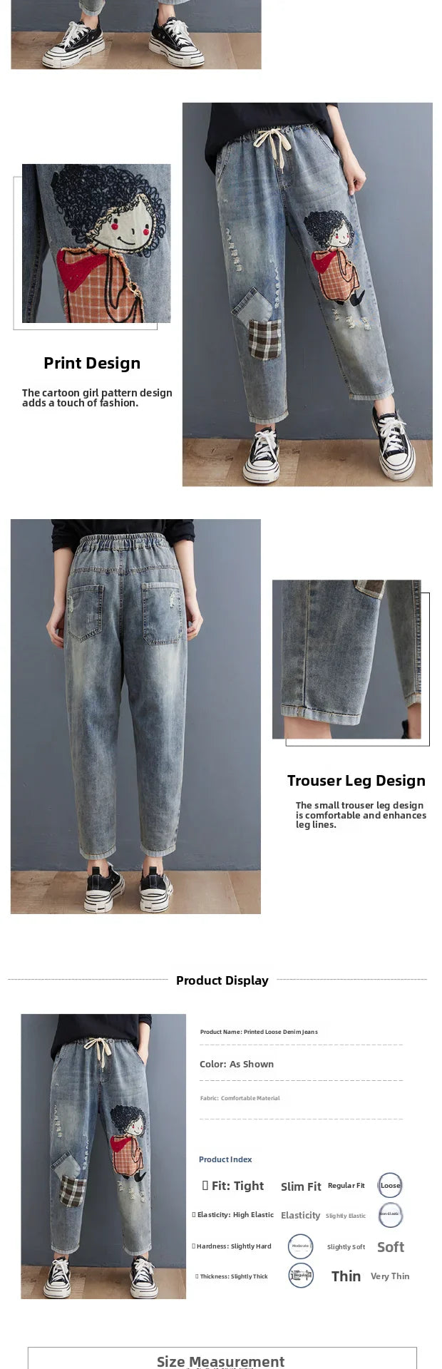 Elastic Waist Patchwork Embroidered Denim Harem Pants Women's Loose plus Size Fat MM Nine-Piece Cabbage Pants Autumn Season