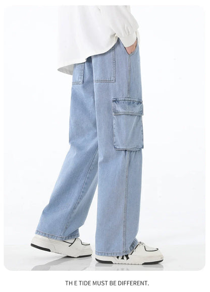 2024 New Men Baggy Cargo Jeans Fashion Streetwear Vintage Wide Leg Pants American Streetwear Y2K Big Pocket Youth Overalls