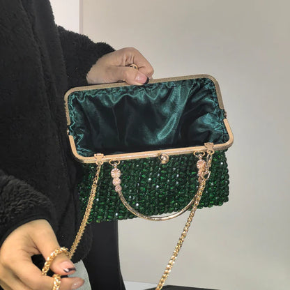Emerald Green Handmade Beaded Clutch Bag | Vintage Gold Frame Evening Purse with Chain Strap for Party/Wedding/Cocktail