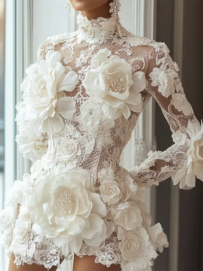 Luxury Cocktail Dresses High Collar Flowers Long Sleeves Mini Dress Exquisite High Quality Prom Party Gowns for Women Customized
