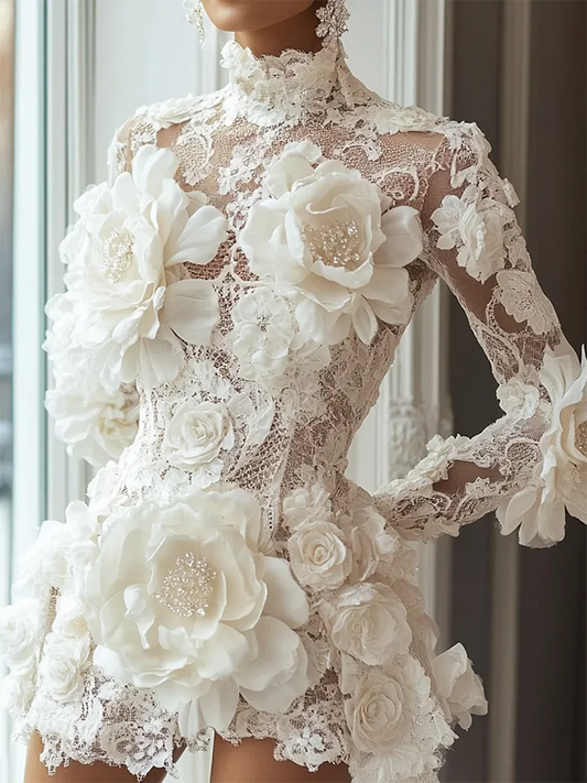 Luxury Cocktail Dresses High Collar Flowers Long Sleeves Mini Dress Exquisite High Quality Prom Party Gowns for Women Customized