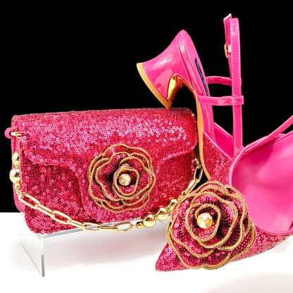 Shiny Gold Color Shoes and Bag Elegant Handbags and Medium Heel Shoes Beautiful Handmade Flowers For Wedding Party