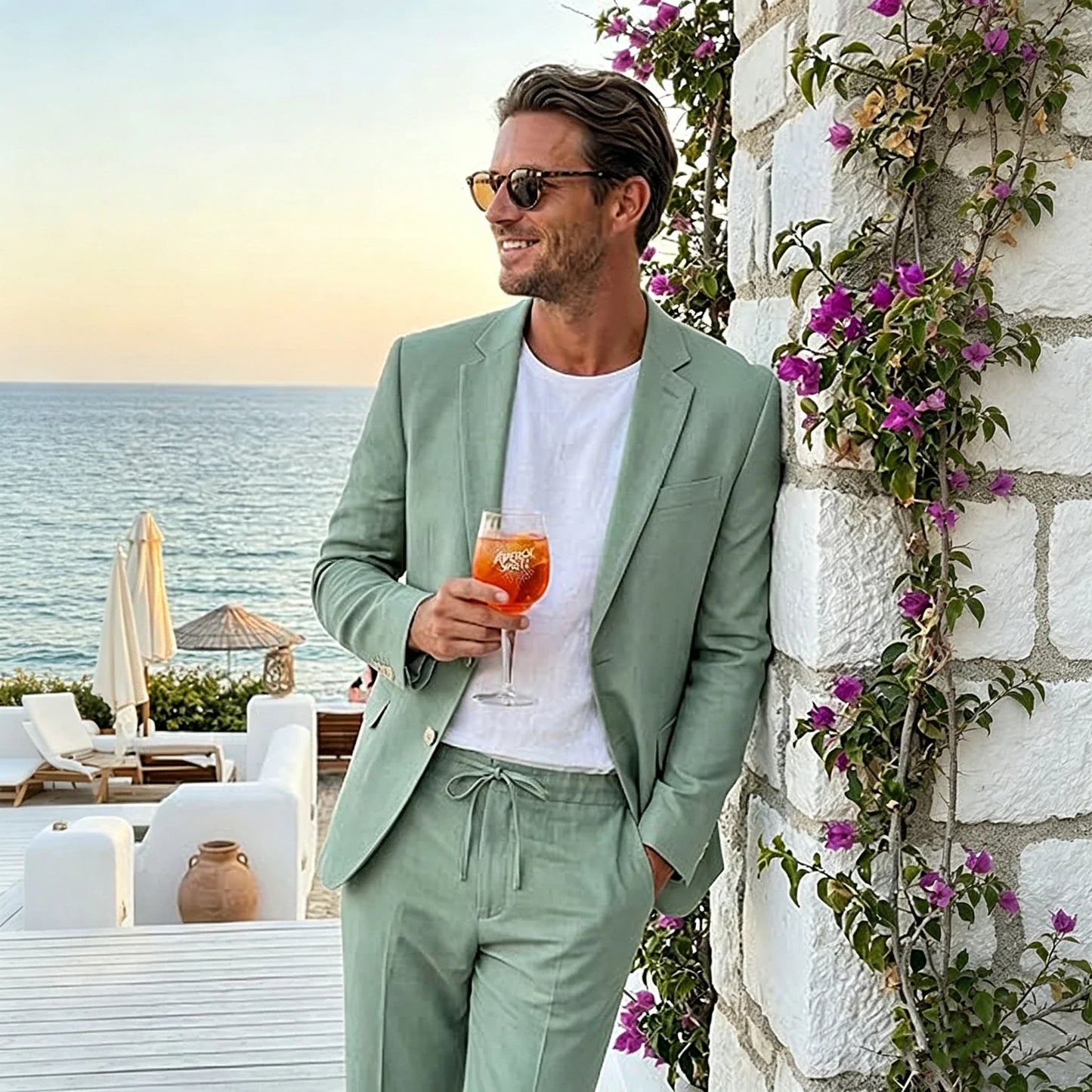 Men's Linen Suit 2 Piece Set Blazer & Drawstring Pants Business Casual Suit Jacket Trousers Summer Beach Wedding Formal Outfit