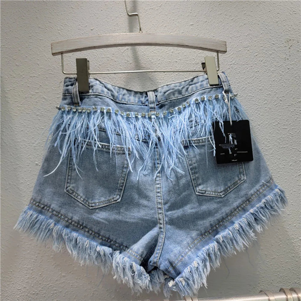 Summer Street Hot Girls Short Jeans Female Chic Feather Diamond Denim Shorts Women Retro Washed Hot Pants Sexy Night Club Shorts