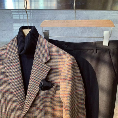 Vintage British Windsor Men's Tweed Blazer Slim Fit Houndstooth Plaid Wool Suit Thick for Autumn Winter