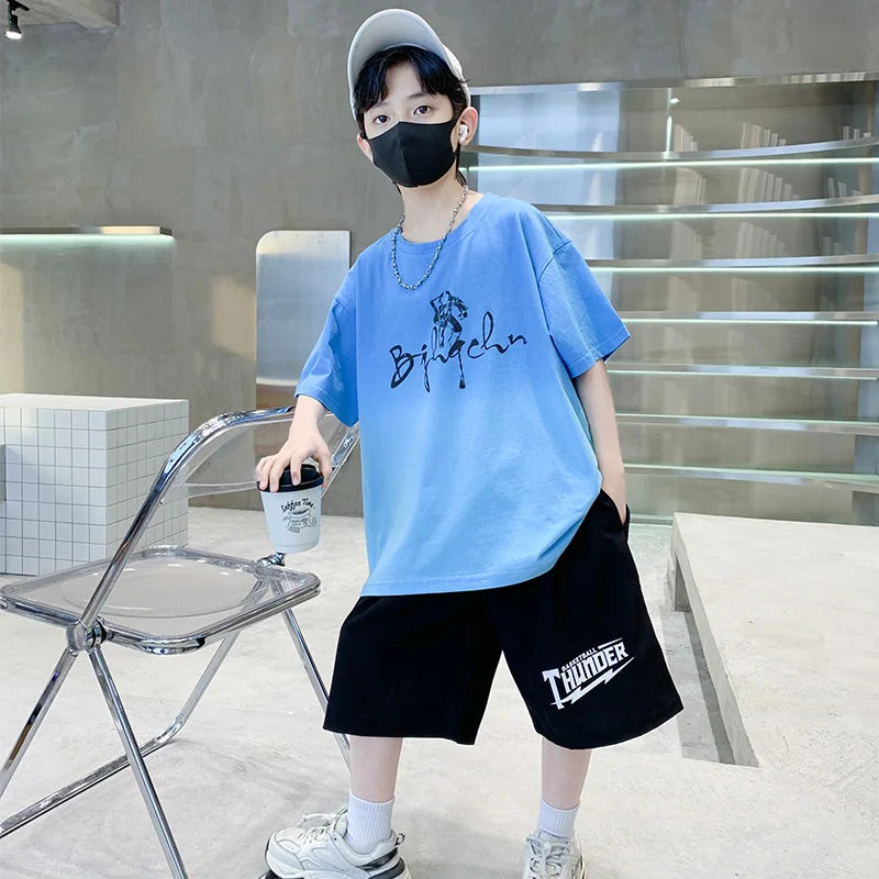 Kids Boy New Summer Suit Tie Dye T-shirt + Cargo Shorts 2 Pieces Tracksuit for Teens Child Shorts Sleeve Clothing Set Age 4 - 14