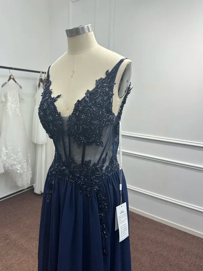 Navy Blue A Line Evening Dresses 2025 Elegant Beaded Appliques Illusion Prom Gowns Formal Party Vestido De Gala