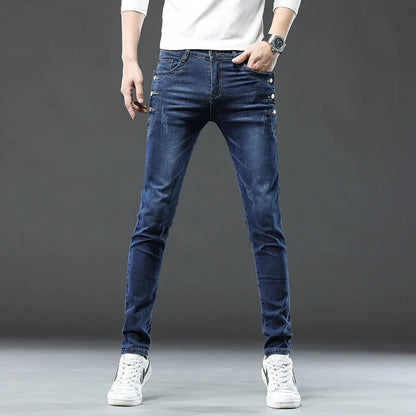 New Men Slim Korean Button Jeans Black Skinny Solid Color Stretch Multi-button Youth Male Denim Pants Streetwear