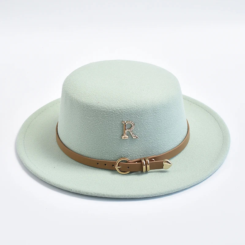 New Metal R Letter Fedora Hat for Women Fashionable Winter Flat Top Wedding Church Bowler Cap Females Elegant Holidays Hat
