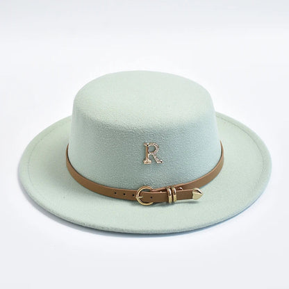 New Metal R Letter Fedora Hat for Women Fashionable Winter Flat Top Wedding Church Bowler Cap Females Elegant Holidays Hat