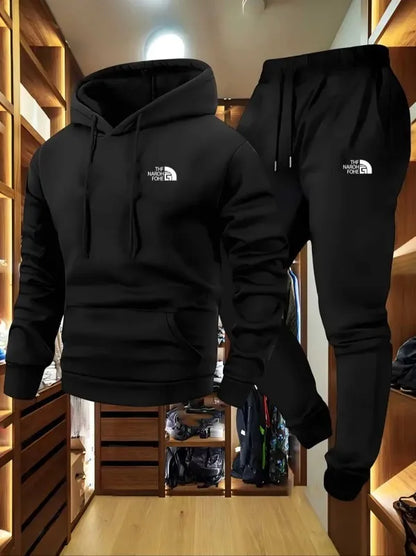 Men's Autumn and Winter Pattern Casual Two-Piece Set Hooded Sweatshirt and Pants with Pockets Regular Fit Outdoor Sport Suit