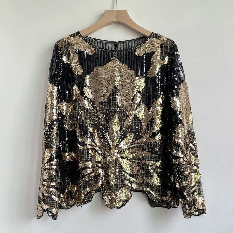 2025 Spring New Sequined Premium Outer Wear Ins Fashion Luxury Beads Long Sleeve Irregular Loose Chic T-shirt Top