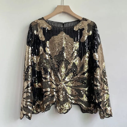 2025 Spring New Sequined Premium Outer Wear Ins Fashion Luxury Beads Long Sleeve Irregular Loose Chic T-shirt Top