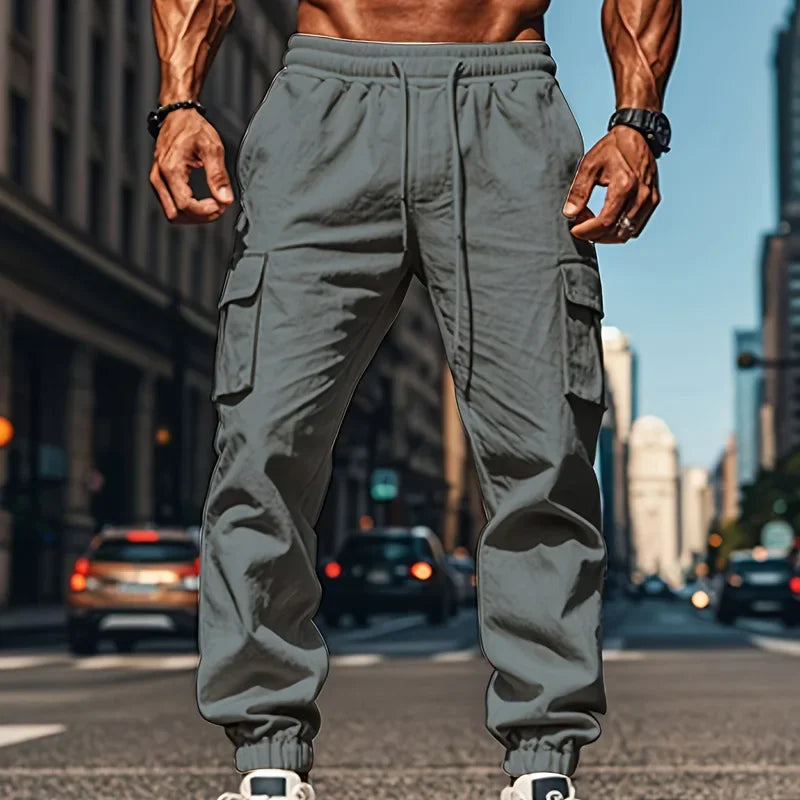 2026 New men's casual multi-pocket trousers male closed-placket tethered cotton and linen straight-leg leggings Men Mens