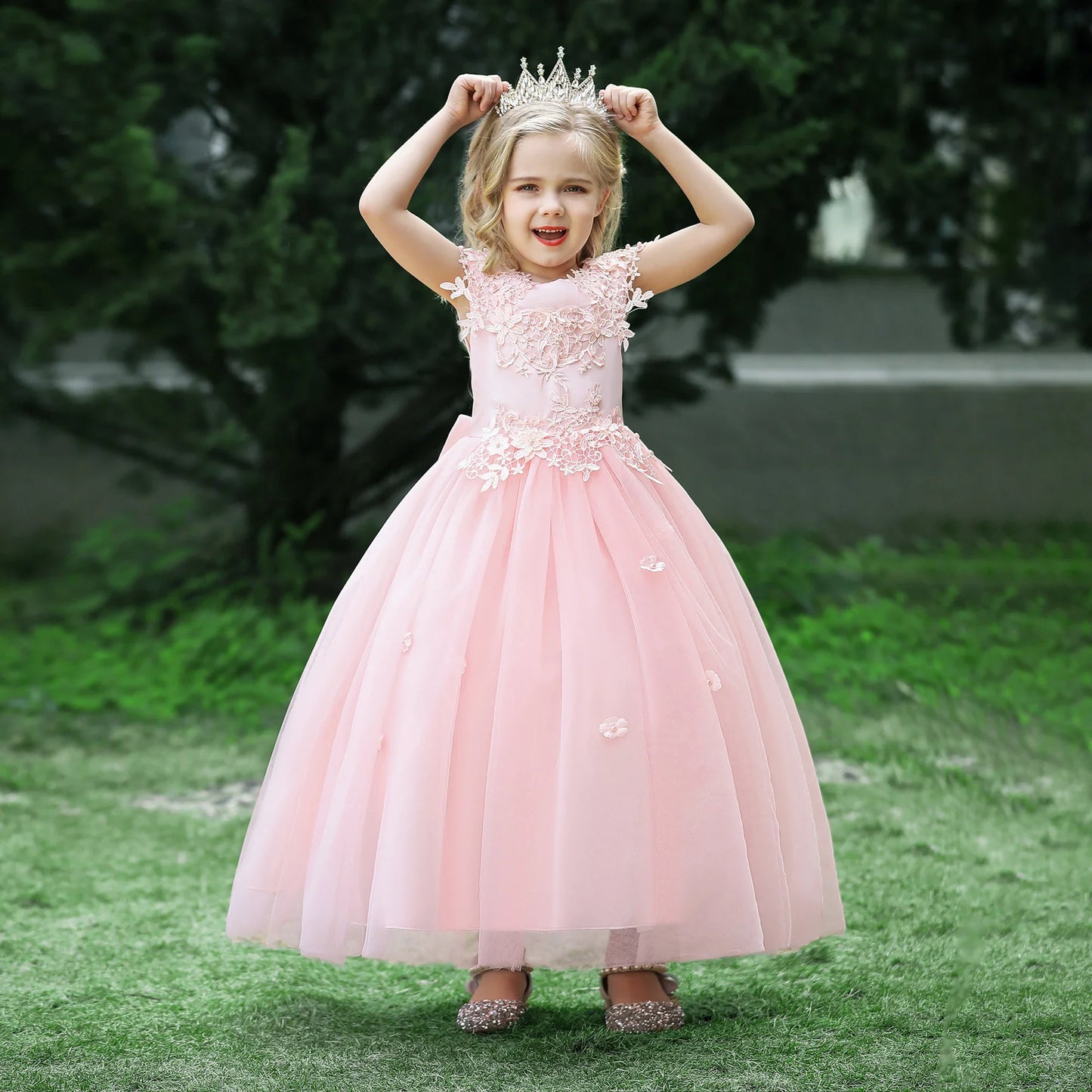 Formal Tulle Flower Bridesmaid Girls Dress Vestido White Wedding Princess Prom Kids Party Dresses For Girls Bow Birthday Costume