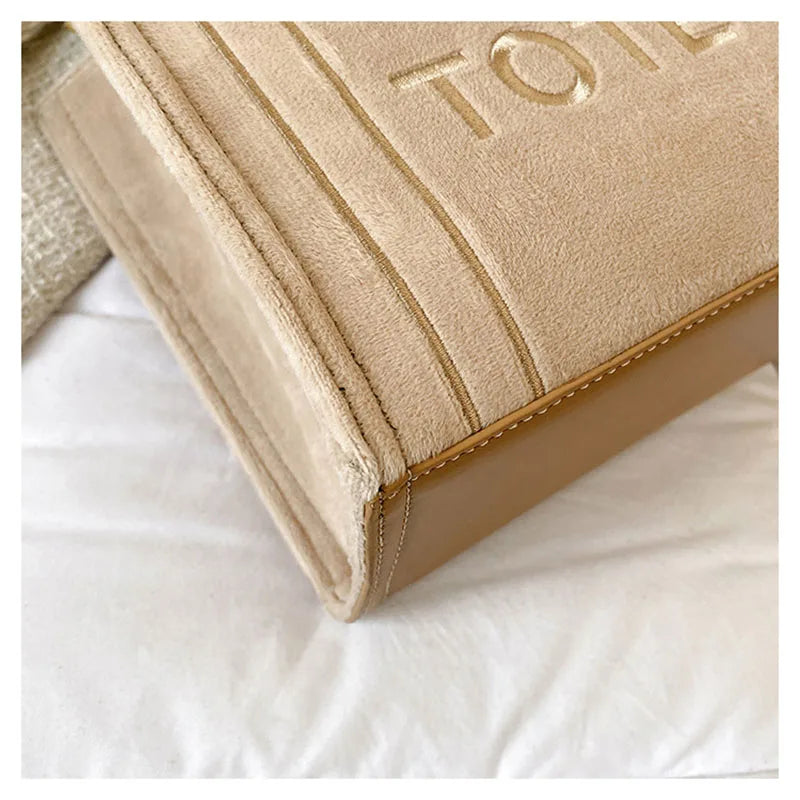 Women's Khaki Velour Tote Bag Original Letter Print Medium Ladies Shopper Handbag Female Square Medium Shoulder Bags