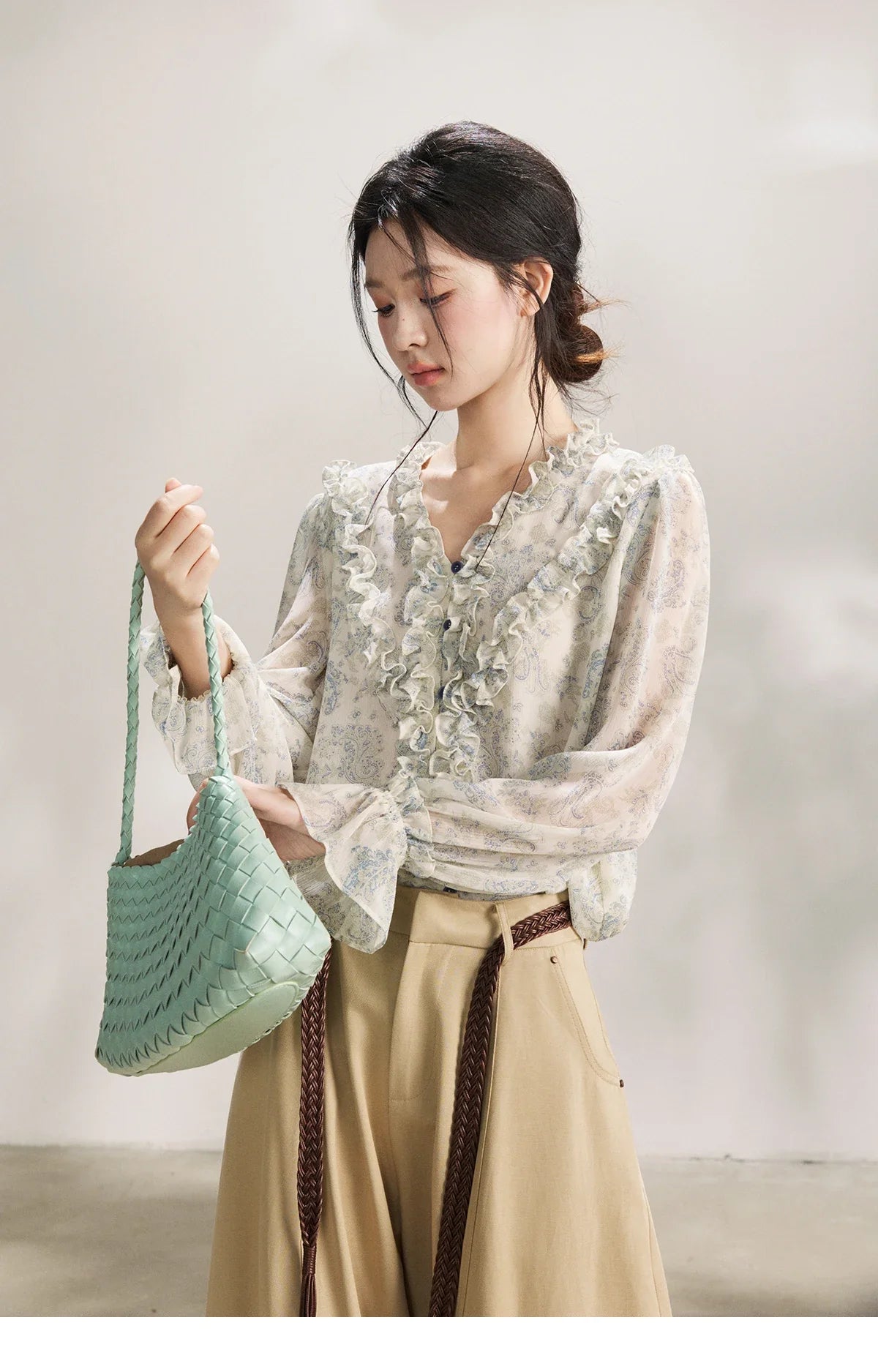 Women's Light Blue Paisley Print Ruffle Blouse V-neck Sheer Long Sleeve Chiffon Shirt Casual Summer Wear MXF13X2549