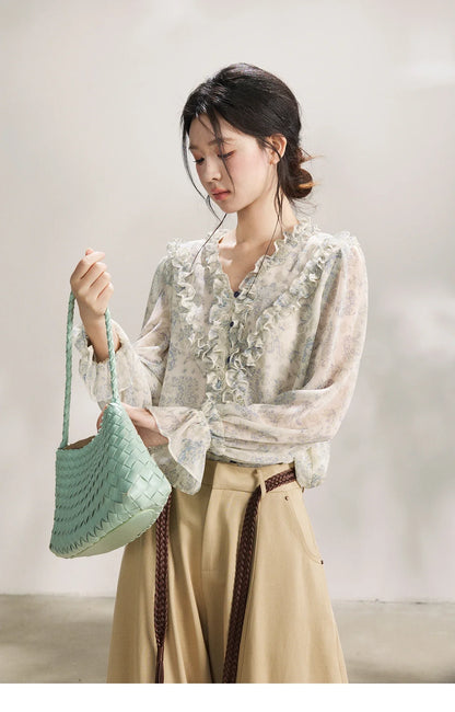 Women's Light Blue Paisley Print Ruffle Blouse V-neck Sheer Long Sleeve Chiffon Shirt Casual Summer Wear MXF13X2549