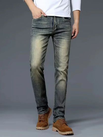 High-End Retro Men's Straight Leg Stretchy Jeans Fashionable Urban Casual Long Trousers Spring Autumn Cotton Stretch Denim