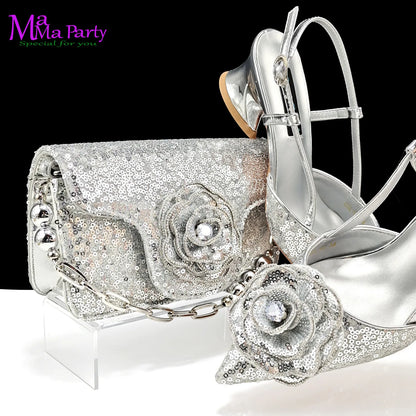 2024 Summer New Design Specials Italian Women Shoes and Bag Set in Gold Color Comfortable Heels with Appliques for Party