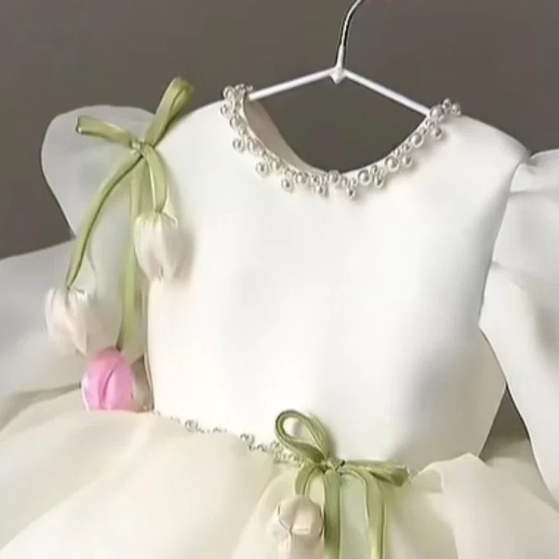 2026 New Children Girls Formal Dress Puff Sleeve Princess Gown Flower Girl Kids Floral Tulle Tutu Elegant Pageant Summer Costume