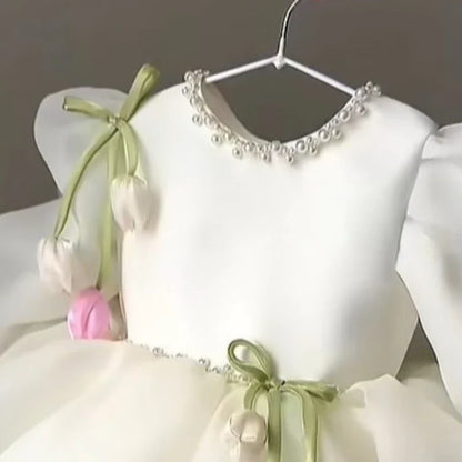 2026 New Children Girls Formal Dress Puff Sleeve Princess Gown Flower Girl Kids Floral Tulle Tutu Elegant Pageant Summer Costume