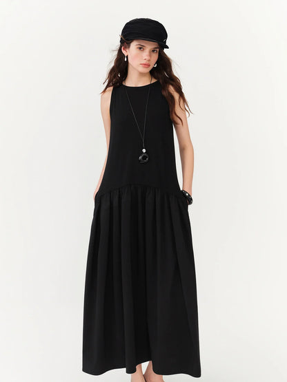 Women's Minimalist Commute Sleeveless Crew Neck Slim Fit Tank Dress 2026 Summer New Arrival Elegant Black Long Daily Dress