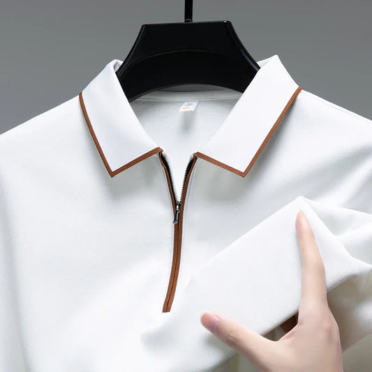 Light luxury brand long sleeved men's polo shirt autumn fashion flip collar half zipper design boutique top silk casual T-shirt