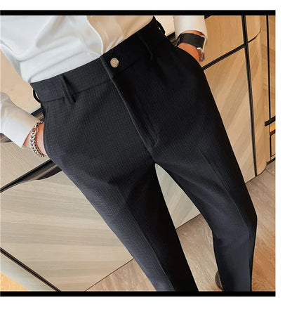 Men's Waffle Casual Pants Fashion Korean Stretch Waist Business Formal Pants Mens Social Party Suit Pants Streetwear Pencil Pant