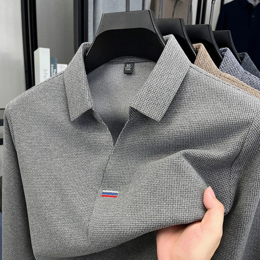 High end brand men's long sleeve V-neck polo shirt autumn fashion new striped embroidery design boutique golf top casual T-shirt