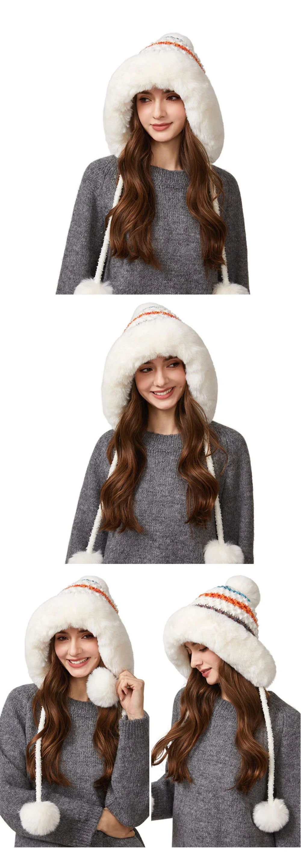 Three Pompoms Skullies Beanies Thick Warm Winter Hat Women Russian Fur Hat Ladies Knitted Hat Female Snow Ski Earflap Cap