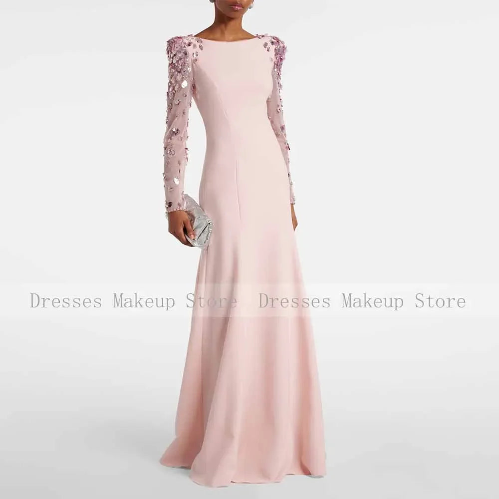Customized Luxury Evening Dresses for Women Boat Neck Illusion Sequin Full Sleeve Evening Gowns Mermaid Pink Wedding Guest Dress
