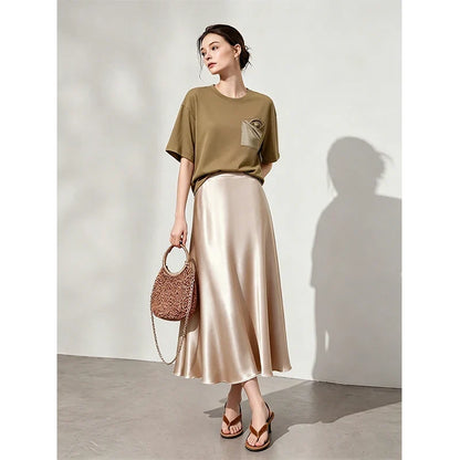 Women's T-Shirt 2026 Summer New Oversized Cotton Short Sleeve Tops Side Slit Mid Length Patch Pocket Tee Shirt 12642037