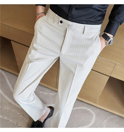 New Korean Style Fashion Striped Embroidery Suit Pants Men's Business Slim Casual Straight Pants Formal Wedding Party Trousers