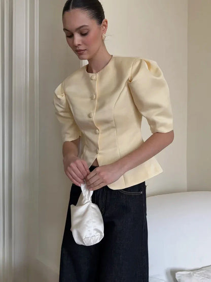KT Elegant Satin Puff Sleeve Blouse for Women Round Neck Button Down Fitted Waist Asymmetric Hem Office & Formal Wear Tops