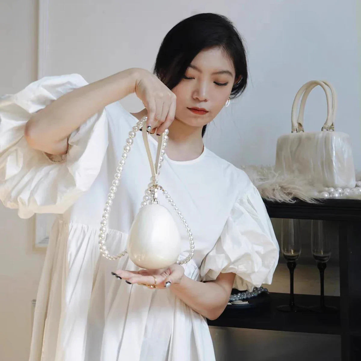 Women Acrylic mini egg bag cute pearl Evening Clutch Bag with beaded strap For Wedding Party Luxury purse And Handbag Designer