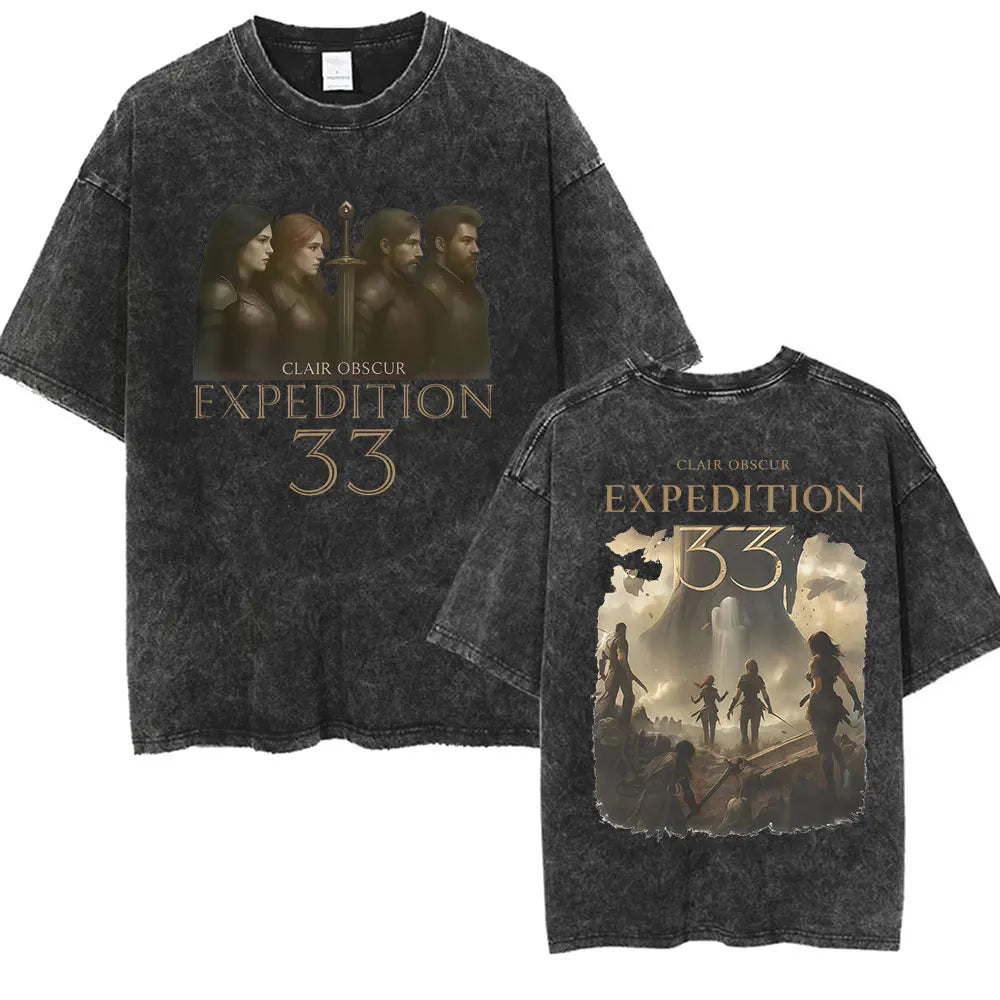 Game Clair Obscur Expédition 33 Vintage Washed T Shirts Men's Women Casual High Quality Oversized Cotton T-shirt Fans Streetwear