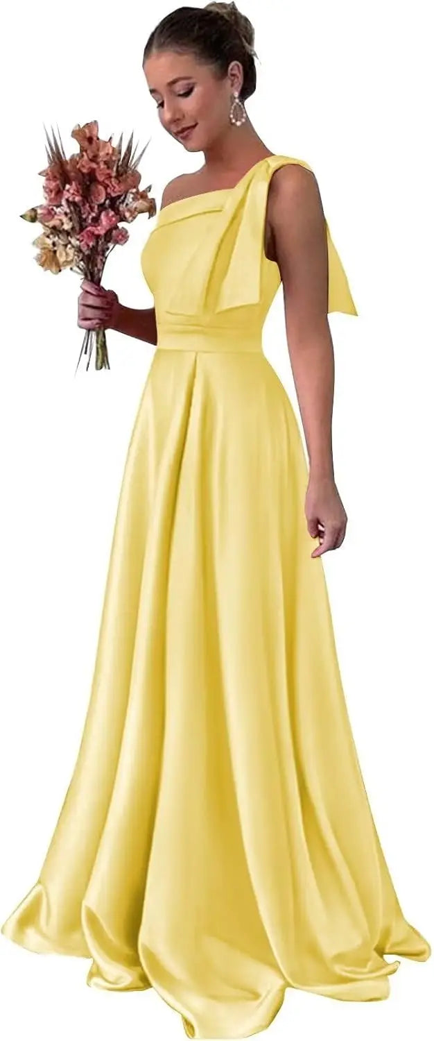 One Shoulder Large Bow Bridesmaid Dress with Pleated Satin and Pockets Simple ,Stylish Ball Dressadies' Guest One Shoulder Dress